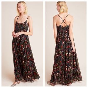Anthropologie Payal Jain Black Red Floral Massima Pleated Maxi Dress
